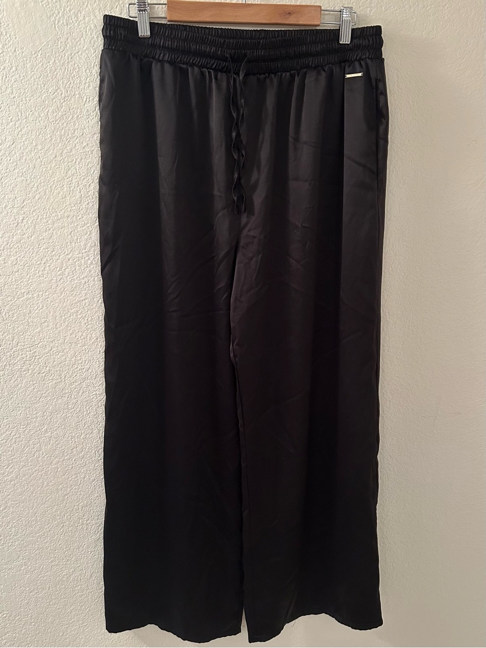 BCBGMaxAzria Black Satin-Trim Wide Leg Pajama Pants